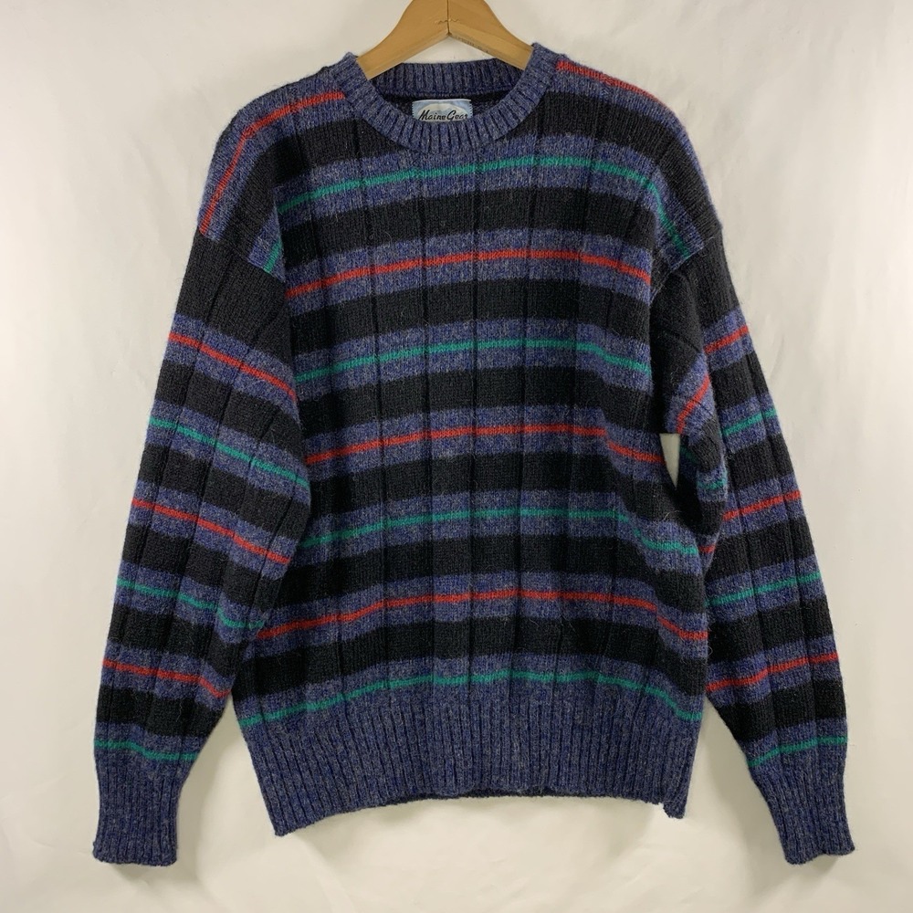 VTG 80s Mens Indie Shetland Wool Blend Striped Sweater Size L/XL Grandpa USA